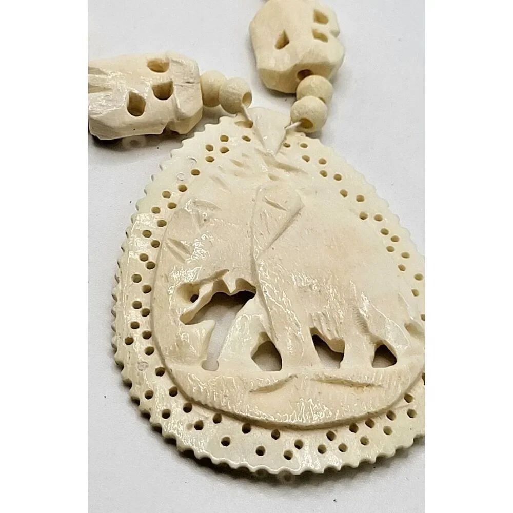 Bohemian Carved Bovine Water Buffalo Elephant Teardrop Pendant Chunky 19in